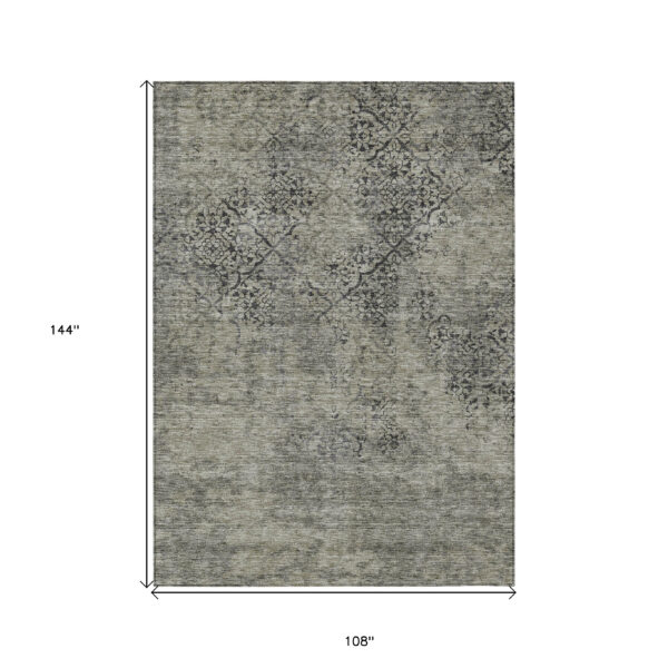 9' X 12' Taupe Khaki And Charcoal Floral Washable Indoor Outdoor Area Rug