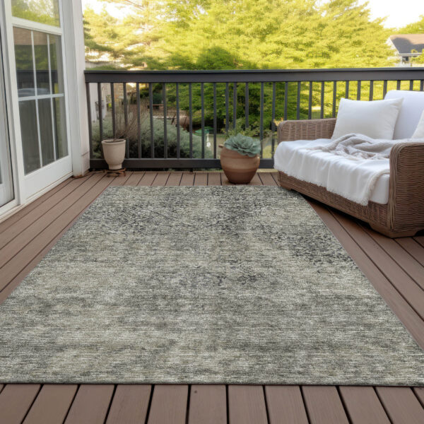 9' X 12' Taupe Khaki And Charcoal Floral Washable Indoor Outdoor Area Rug