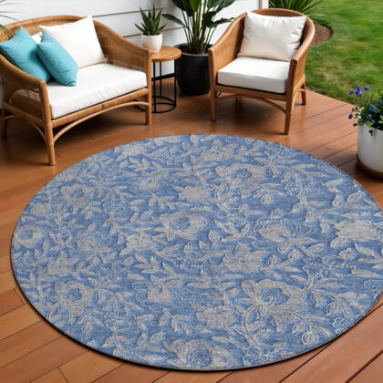 8' Denim Blue And Taupe Round Floral Washable Indoor Outdoor Area Rug