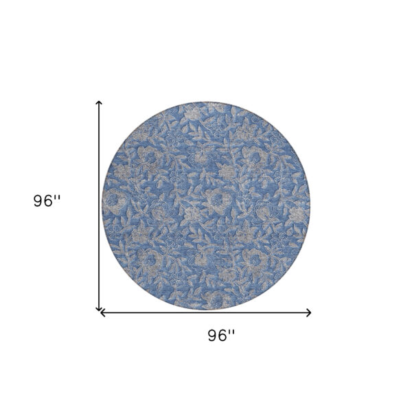 8' Denim Blue And Taupe Round Floral Washable Indoor Outdoor Area Rug
