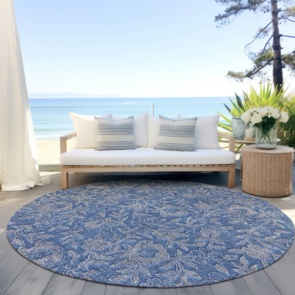 8' Denim Blue And Taupe Round Floral Washable Indoor Outdoor Area Rug