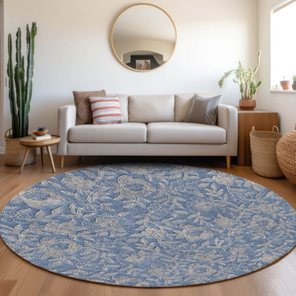8' Denim Blue And Taupe Round Floral Washable Indoor Outdoor Area Rug