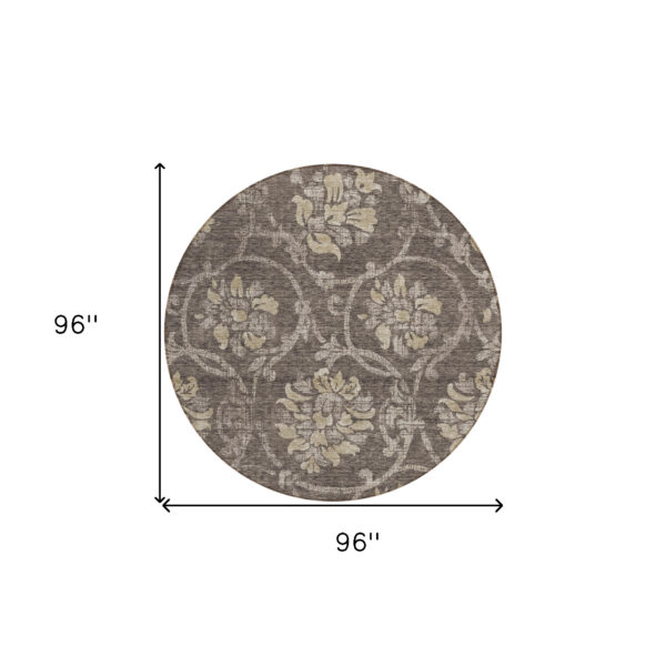 8' Brown Beige And Taupe Round Floral Washable Indoor Outdoor Area Rug