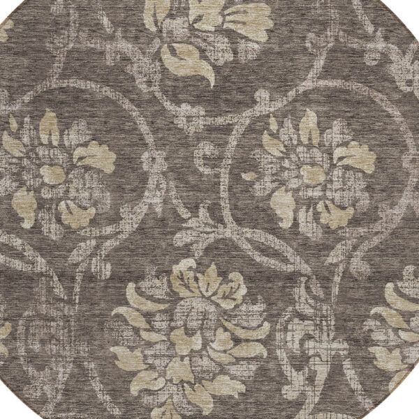 8' Brown Beige And Taupe Round Floral Washable Indoor Outdoor Area Rug