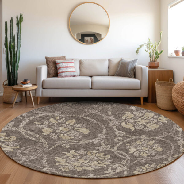 8' Brown Beige And Taupe Round Floral Washable Indoor Outdoor Area Rug