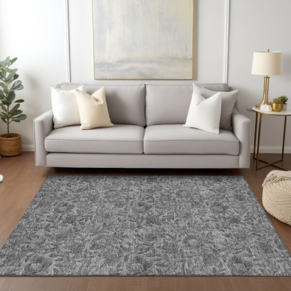 3' X 5' Gray Charcoal And Silver Floral Washable Indoor Outdoor Area Rug