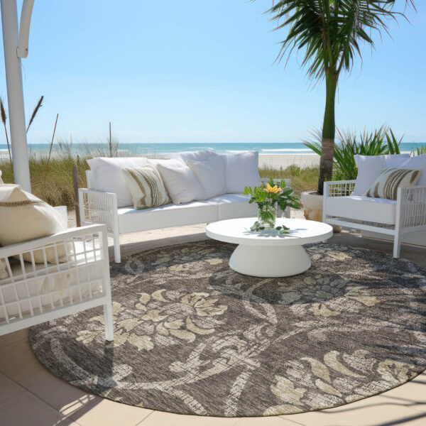 8' Brown Beige And Taupe Round Floral Washable Indoor Outdoor Area Rug