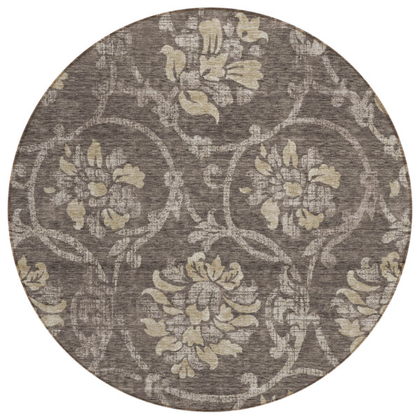 8' Brown Beige And Taupe Round Floral Washable Indoor Outdoor Area Rug