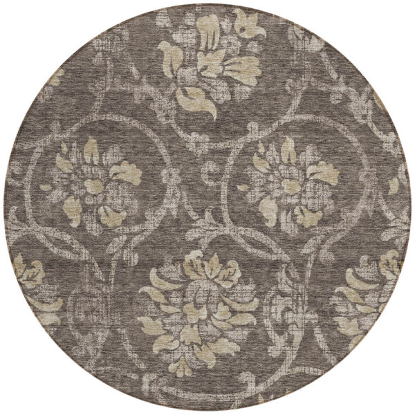 8' Brown Beige And Taupe Round Floral Washable Indoor Outdoor Area Rug