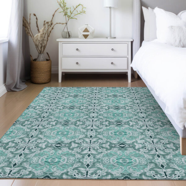 9' X 12' Teal Blue And Aqua Medallion Washable Indoor Outdoor Area Rug