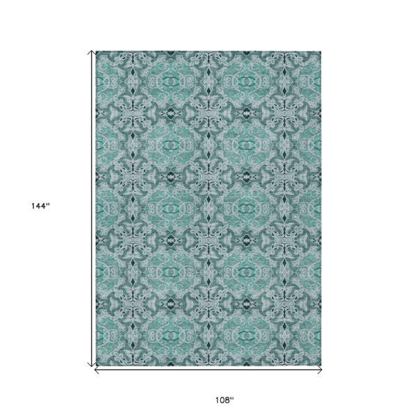 9' X 12' Teal Blue And Aqua Medallion Washable Indoor Outdoor Area Rug