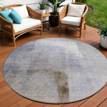 8' Navy Blue And Sky Blue Round Abstract Washable Indoor Outdoor Area Rug