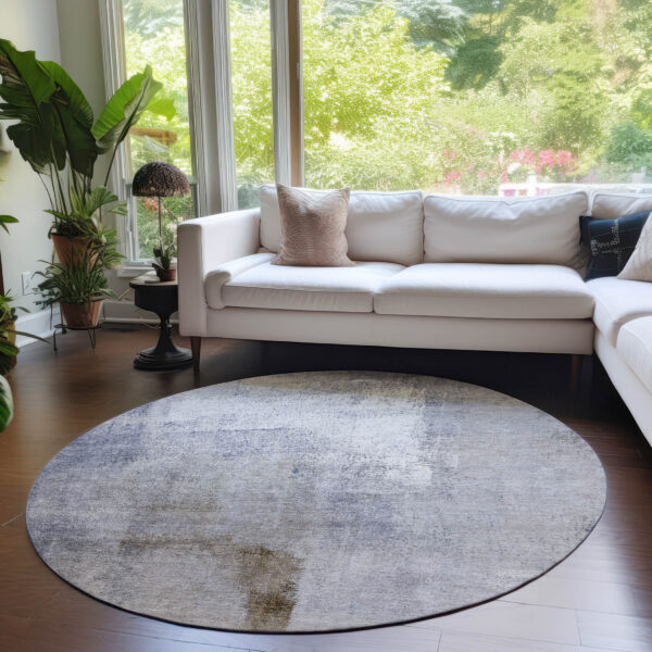 8' Navy Blue And Sky Blue Round Abstract Washable Indoor Outdoor Area Rug