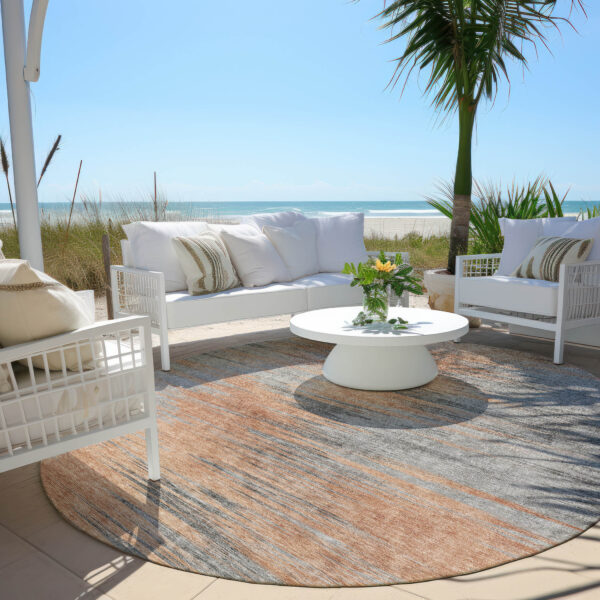 8' Salmon Gray And Charcoal Round Abstract Washable Indoor Outdoor Area Rug