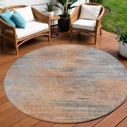 8' Salmon Gray And Charcoal Round Abstract Washable Indoor Outdoor Area Rug