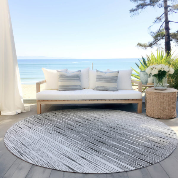 8' Gray And Charcoal Round Abstract Washable Indoor Outdoor Area Rug