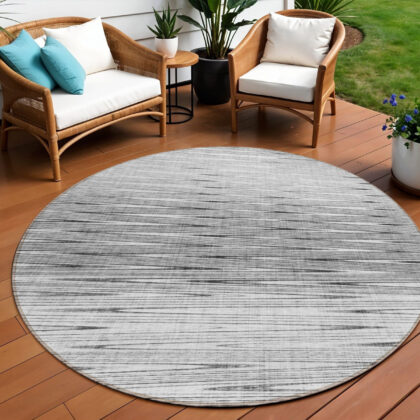 8' Gray And Charcoal Round Abstract Washable Indoor Outdoor Area Rug
