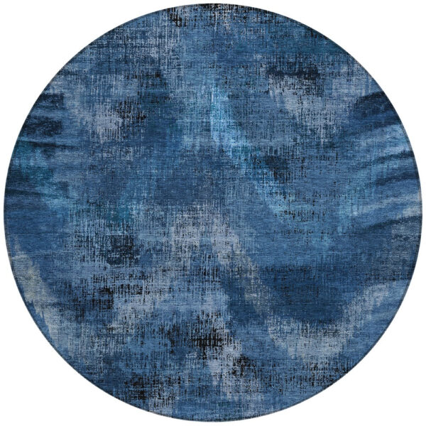 8' Navy Blue And Sky Blue Round Abstract Washable Indoor Outdoor Area Rug