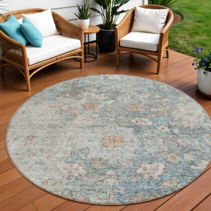 8' Green Blue And Gray Round Oriental Washable Indoor Outdoor Area Rug