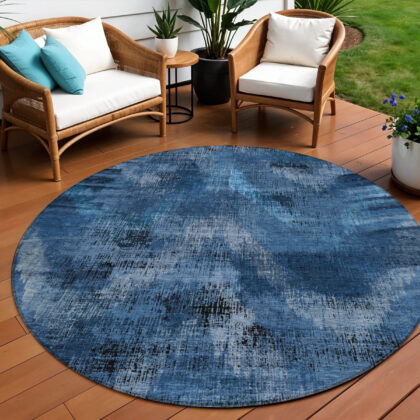8' Navy Blue And Sky Blue Round Abstract Washable Indoor Outdoor Area Rug