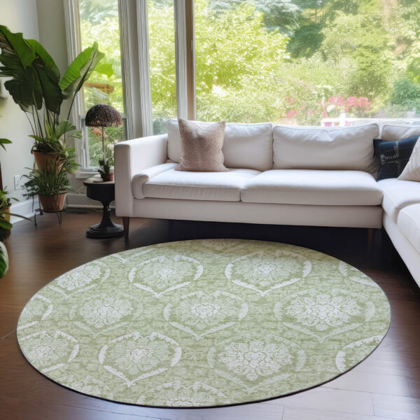 8' Artichoke Green Green And Ivory Round Medallion Washable Indoor Outdoor Area Rug