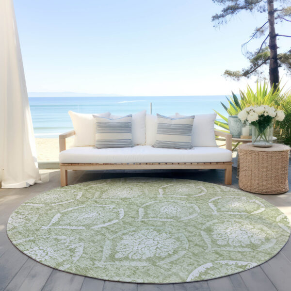 8' Artichoke Green Green And Ivory Round Medallion Washable Indoor Outdoor Area Rug