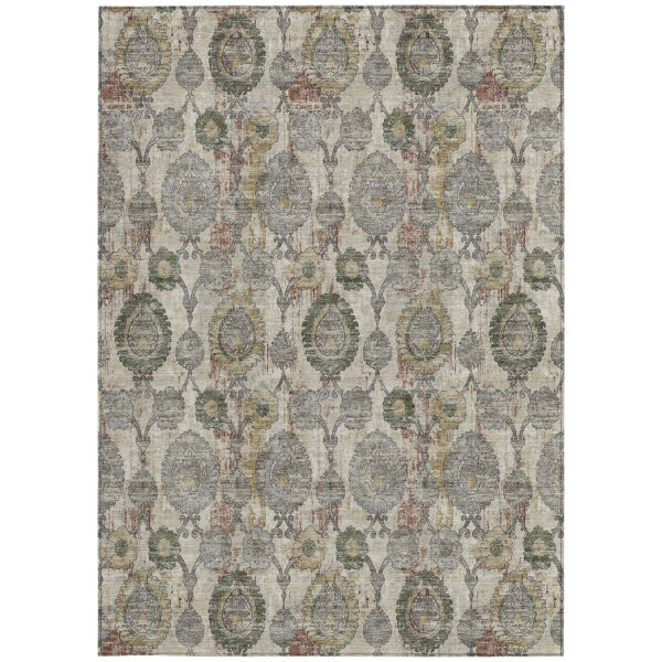 10' X 14' Beige Taupe And Green Damask Washable Indoor Outdoor Area Rug