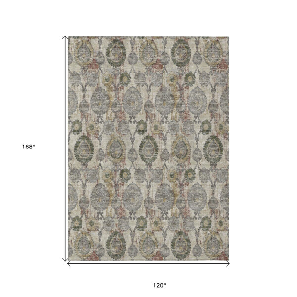 10' X 14' Beige Taupe And Green Damask Washable Indoor Outdoor Area Rug