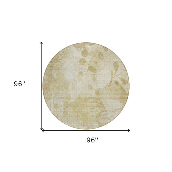 8' Beige Tan And Ivory Round Floral Washable Indoor Outdoor Area Rug