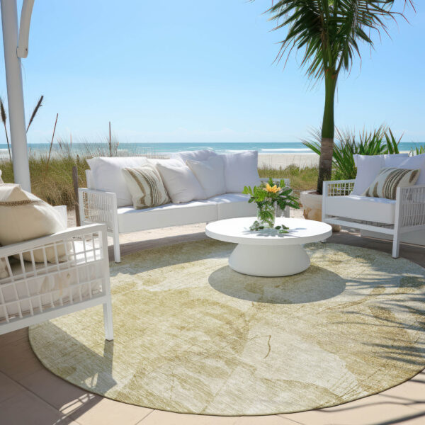 8' Beige Tan And Ivory Round Floral Washable Indoor Outdoor Area Rug