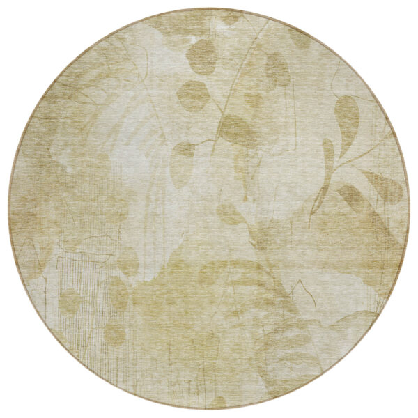 8' Beige Tan And Ivory Round Floral Washable Indoor Outdoor Area Rug