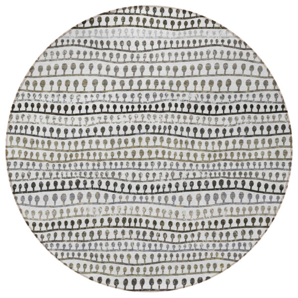 8' Ivory Taupe And Charcoal Round Striped Washable Indoor Outdoor Area Rug
