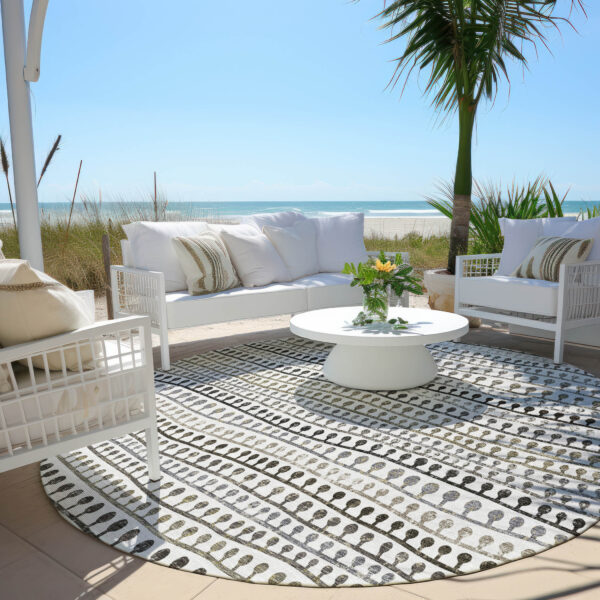 8' Ivory Taupe And Charcoal Round Striped Washable Indoor Outdoor Area Rug