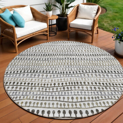8' Ivory Taupe And Charcoal Round Striped Washable Indoor Outdoor Area Rug