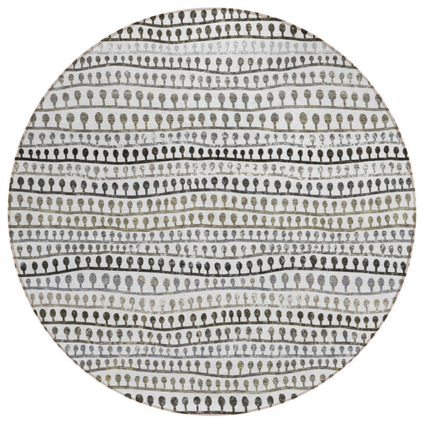 8' Ivory Taupe And Charcoal Round Striped Washable Indoor Outdoor Area Rug