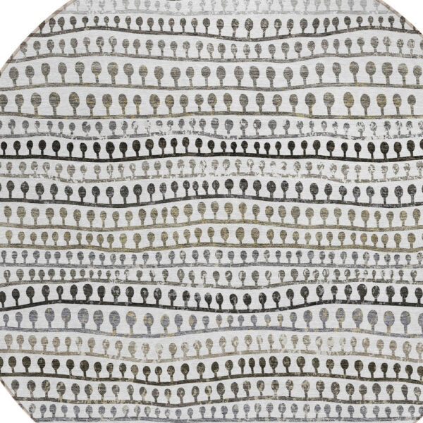 8' Ivory Taupe And Charcoal Round Striped Washable Indoor Outdoor Area Rug