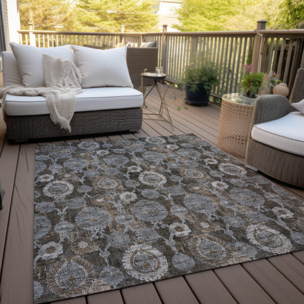 8' X 10' Brown And Beige Damask Washable Indoor Outdoor Area Rug