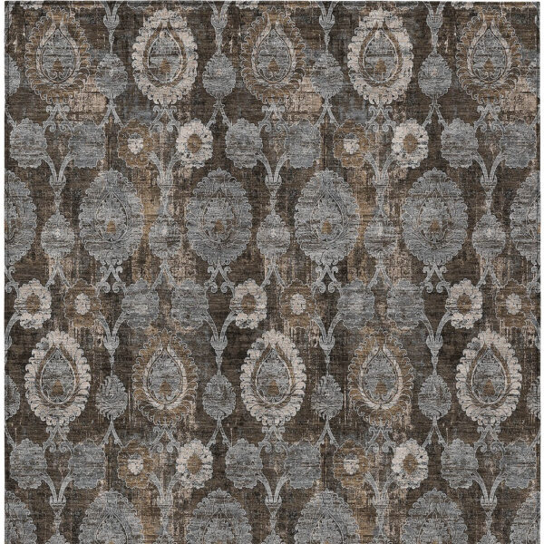8' X 10' Brown And Beige Damask Washable Indoor Outdoor Area Rug