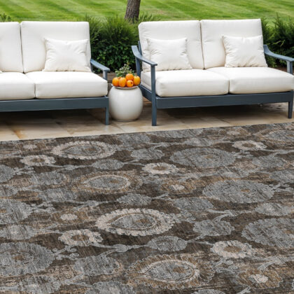 8' X 10' Brown And Beige Damask Washable Indoor Outdoor Area Rug