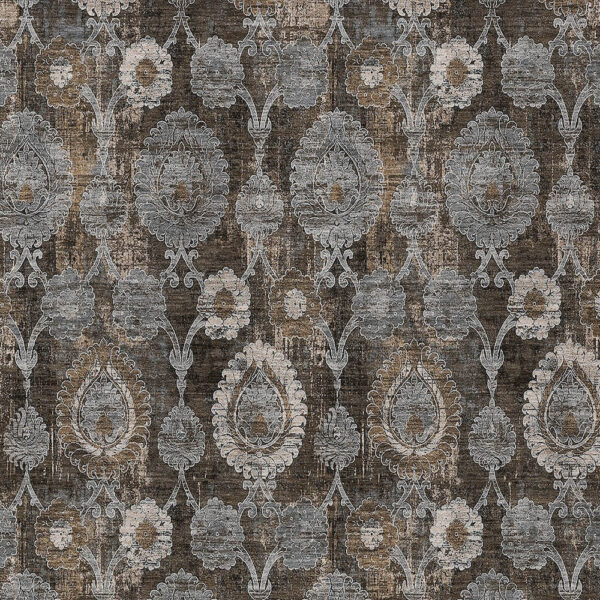 8' X 10' Brown And Beige Damask Washable Indoor Outdoor Area Rug