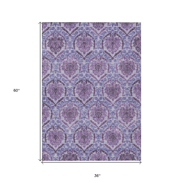 3' X 5' Eggplant Purple And Silver Medallion Washable Indoor Outdoor Area Rug