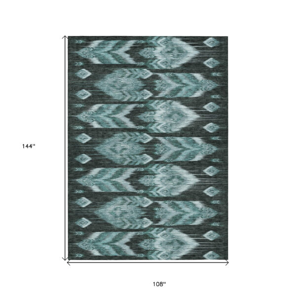 9' X 12' Teal Blue Aqua And Charcoal Southwestern Washable Indoor Outdoor Area Rug