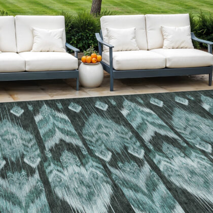 9' X 12' Teal Blue Aqua And Charcoal Southwestern Washable Indoor Outdoor Area Rug