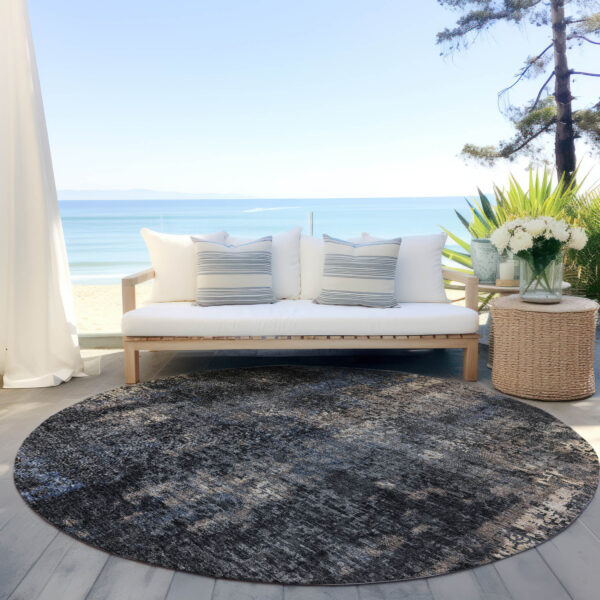 8' Charcoal Gray And Silver Round Abstract Washable Indoor Outdoor Area Rug