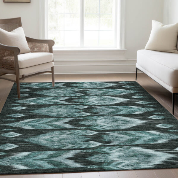 9' X 12' Teal Blue Aqua And Charcoal Southwestern Washable Indoor Outdoor Area Rug