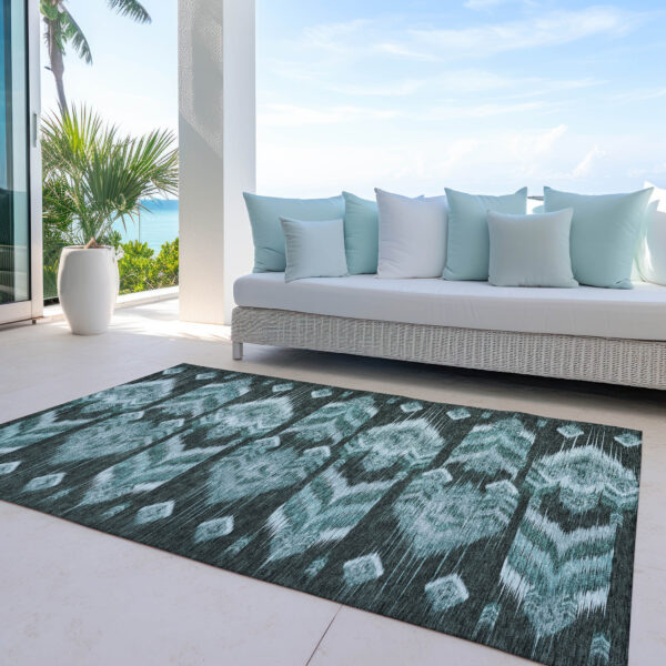 9' X 12' Teal Blue Aqua And Charcoal Southwestern Washable Indoor Outdoor Area Rug
