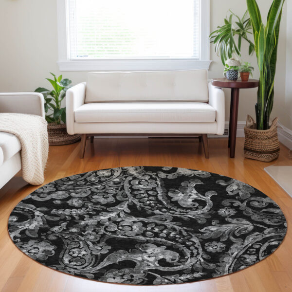 8' Black Gray And Charcoal Round Paisley Washable Indoor Outdoor Area Rug