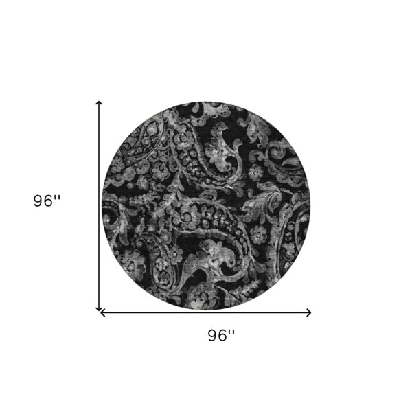 8' Black Gray And Charcoal Round Paisley Washable Indoor Outdoor Area Rug