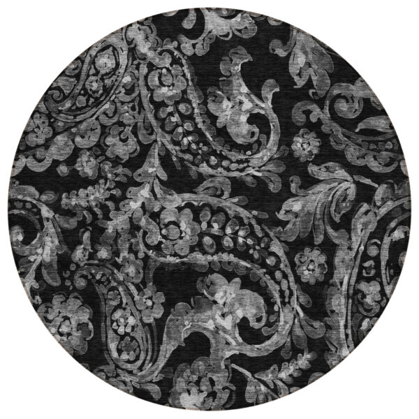 8' Black Gray And Charcoal Round Paisley Washable Indoor Outdoor Area Rug
