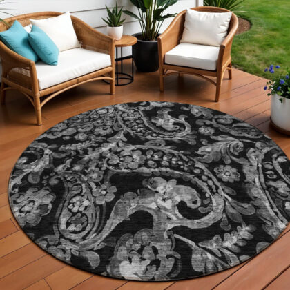 8' Black Gray And Charcoal Round Paisley Washable Indoor Outdoor Area Rug